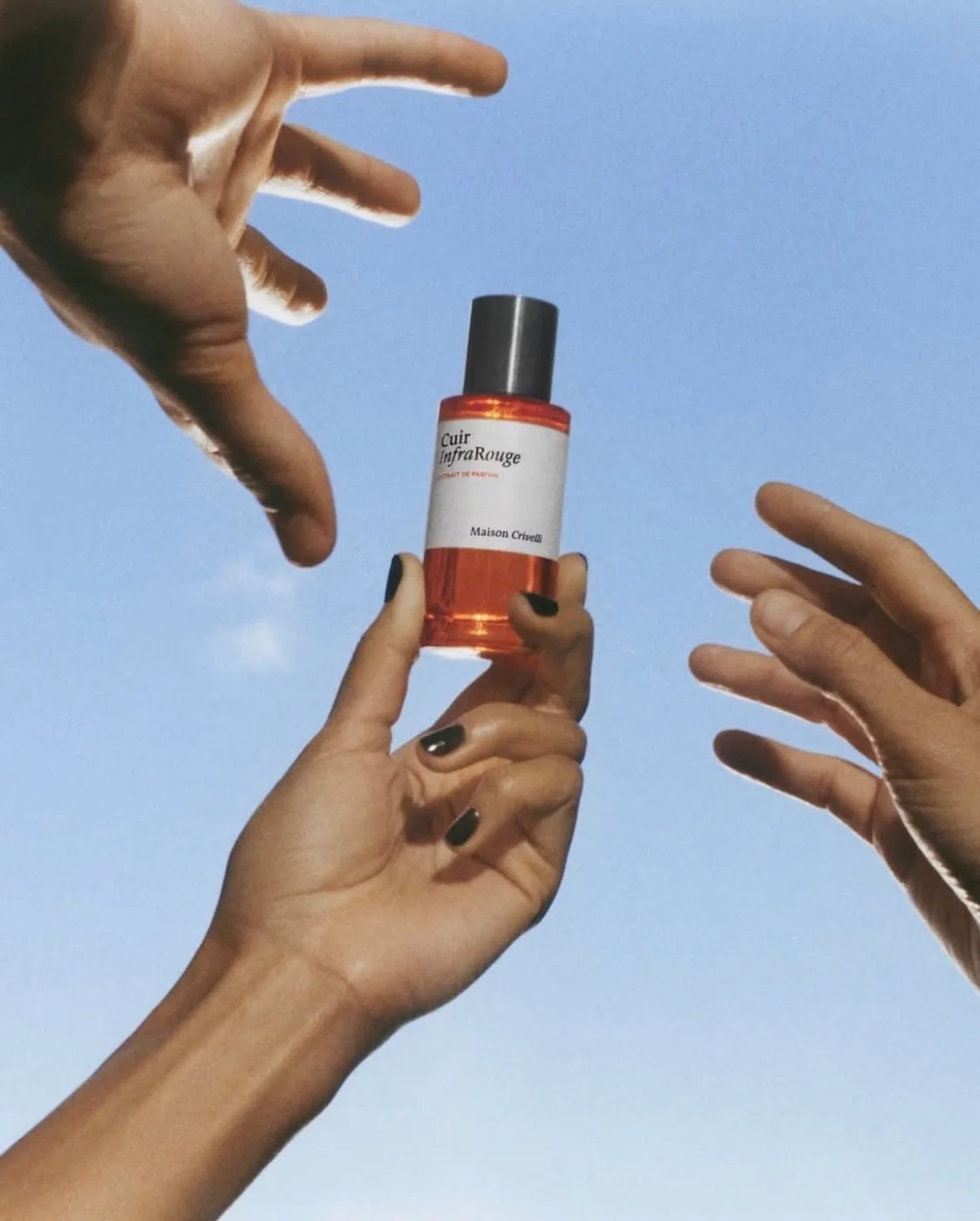 L'inspiration choisie : des mains qui se tendent un flacon dans un ciel bleu