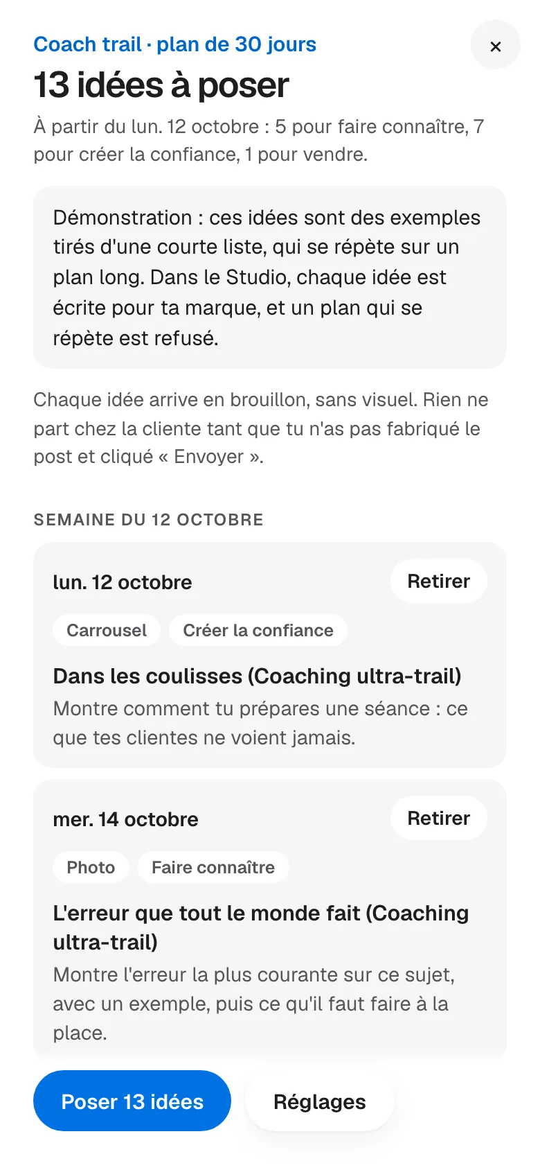 L'aperçu d'un plan de 30 jours pour Coach trail : 13 idées, avec leur jour, leur format et leur but