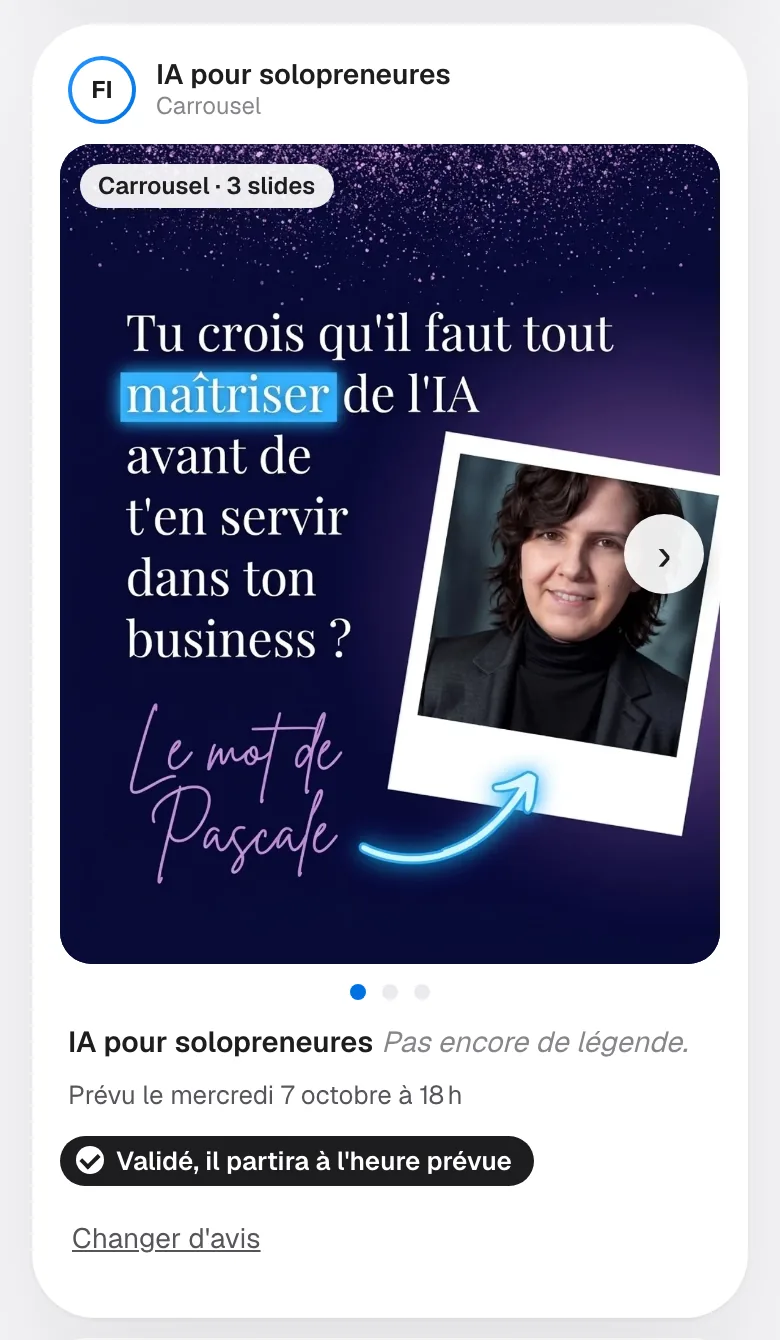 Le même carrousel après Je valide : Validé, il partira à l'heure prévue, avec Changer d'avis