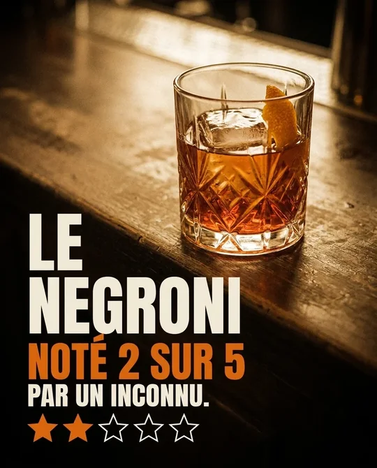 La slide rendue&nbsp;: «&nbsp;Le Negroni noté 2 sur 5 par un inconnu&nbsp;», en capitales sur un verre