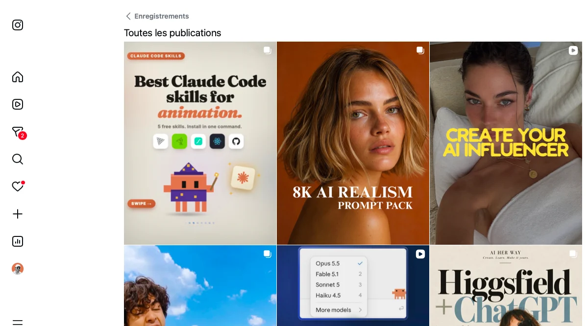 La page Enregistrements d'Instagram&nbsp;: le menu à gauche et les publications mises de côté en grille, toutes floutées