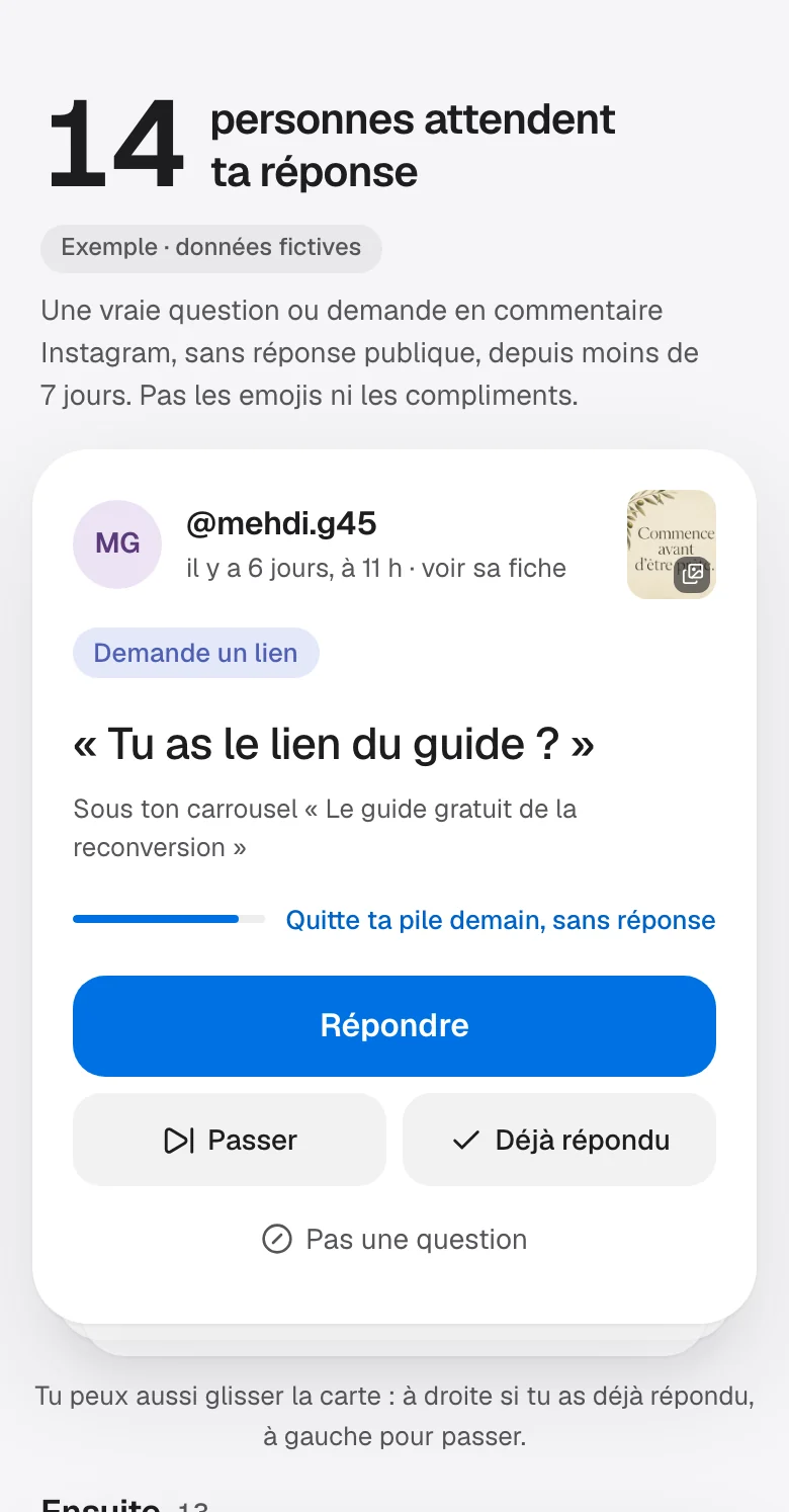 Écran Qui attend d'une coach en reconversion, données d'exemple : 14 personnes attendent ; en haut, « Tu as le lien du guide ? », avec l'étiquette Demande un lien