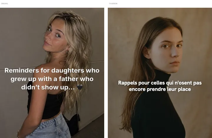 L'original admiré à gauche, sa reproduction à droite, sur le sujet « motivation & empowerment au féminin »