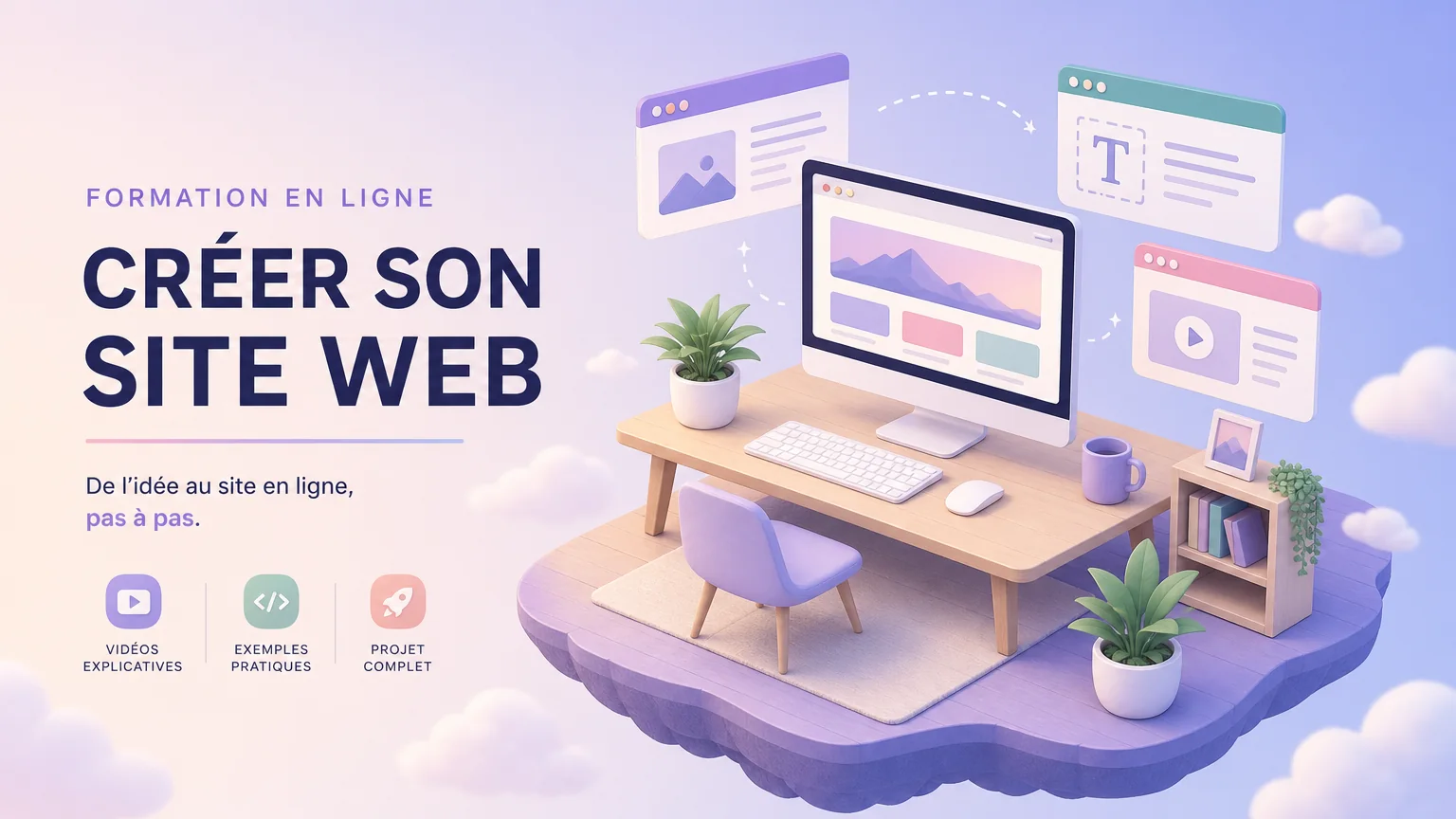 Couverture en isométrie aux tons pastel : un petit bureau flottant avec un ordinateur, une plante et des fenêtres de navigateur, et le titre « Créer son site web »