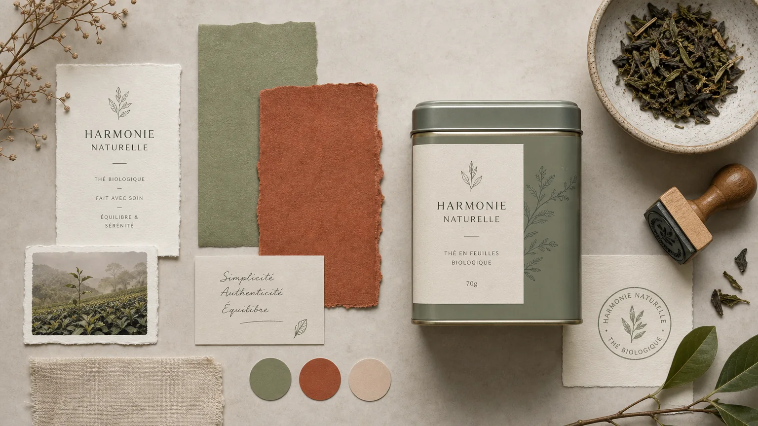 Vue de dessus : papiers vert sauge et terracotta, une boîte de thé en métal, des feuilles de thé séchées, un tampon et trois pastilles de couleur