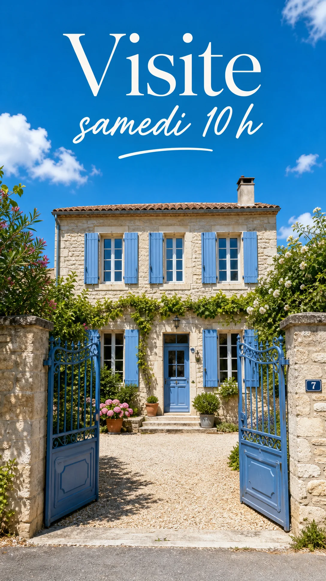 Story : une maison en pierre aux volets bleus derrière un portail ouvert, ciel d'été, et le texte « Visite samedi 10 h » en haut