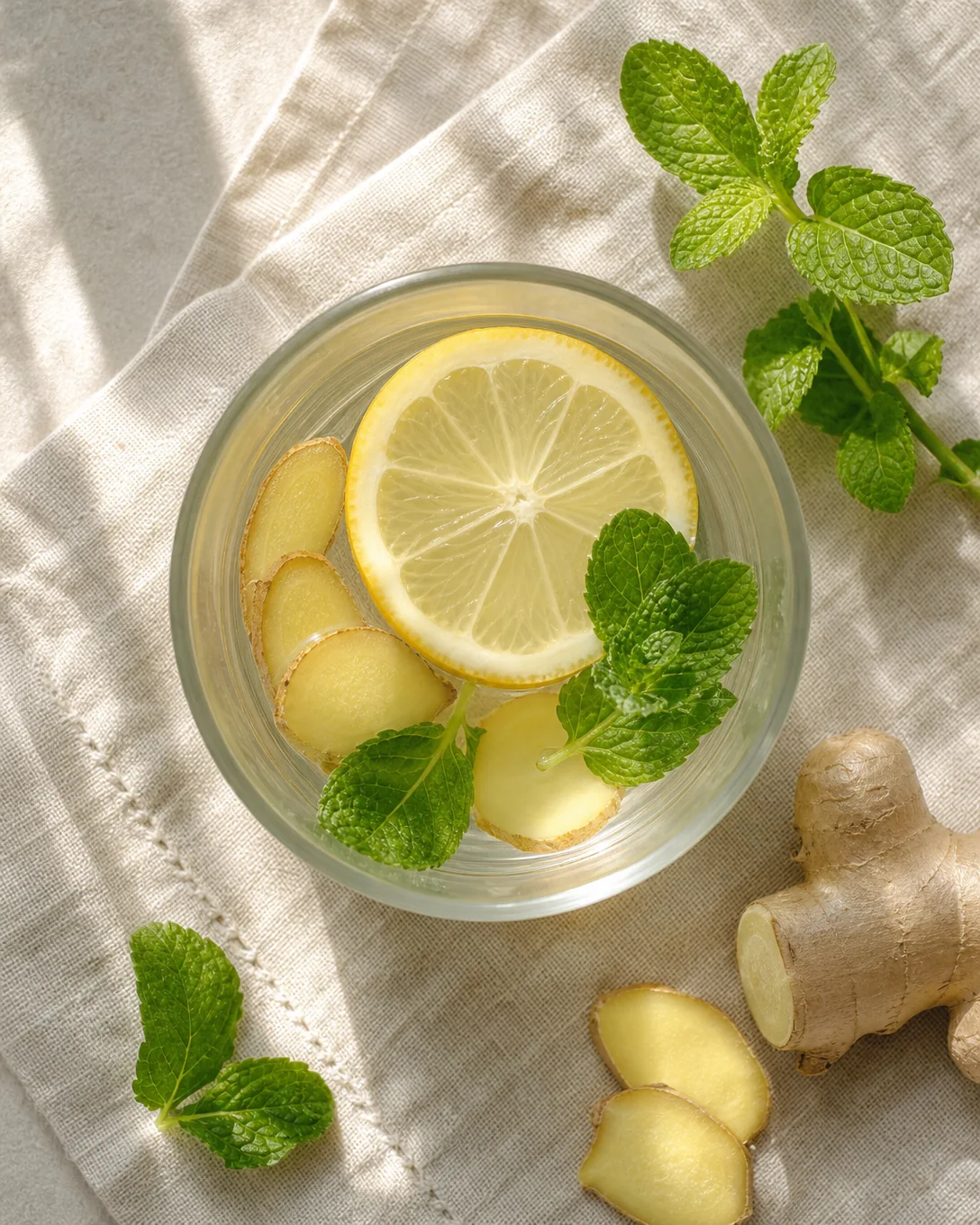 Vue de dessus : un verre d'eau avec une rondelle de citron, des tranches de gingembre et de la menthe, sur un torchon en lin dans la lumière du matin