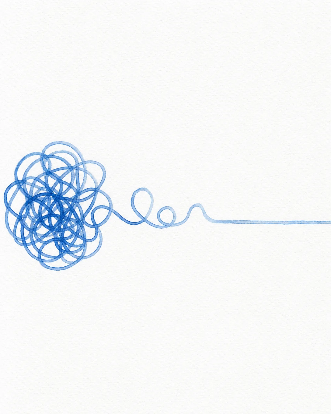 Aquarelle bleue sur papier blanc : une pelote de fil très emmêlée à gauche qui se dénoue en une ligne droite vers la droite