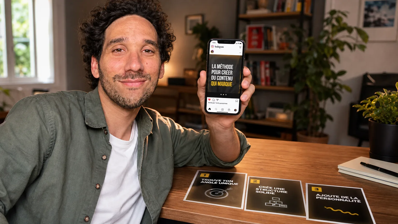 Ismael tient un téléphone ouvert sur un carrousel Instagram refait à sa marque