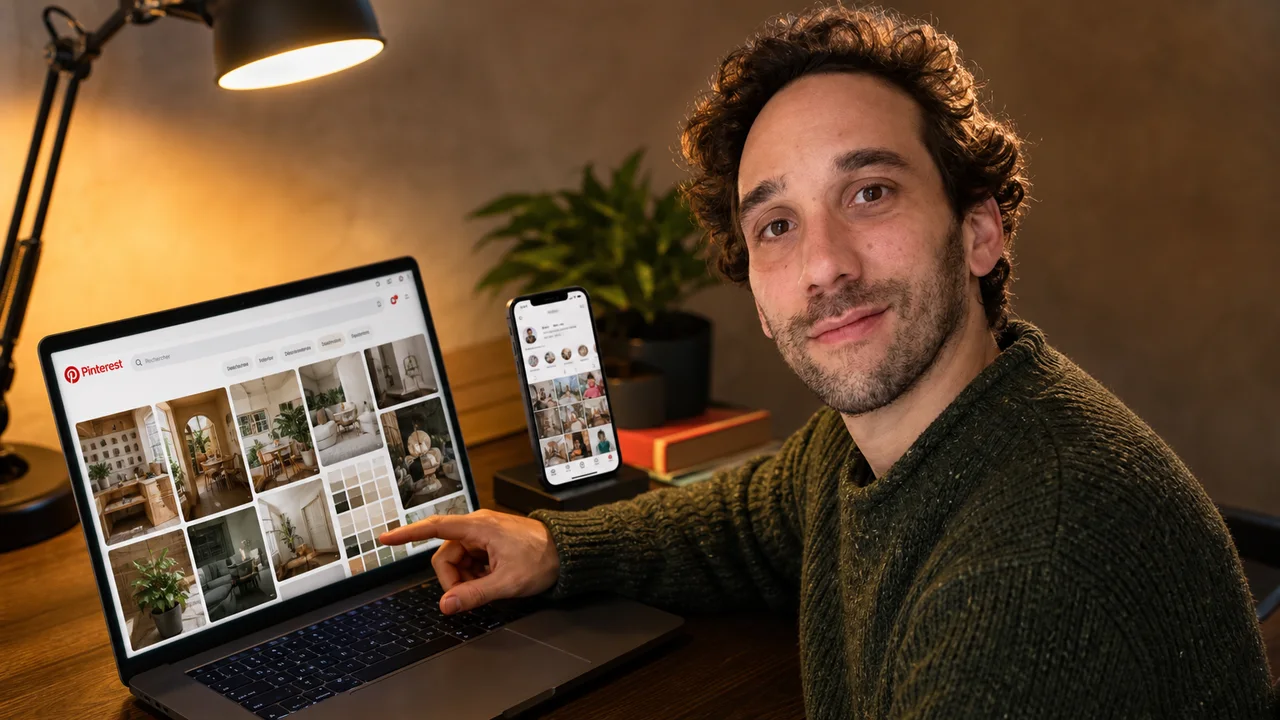 Ismael devant un ordinateur ouvert sur une grille d'images Pinterest