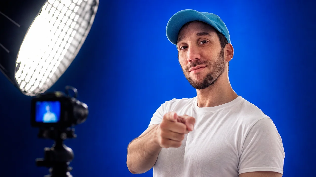Ismael dans un studio photo, fond bleu, qui pointe l'objectif
