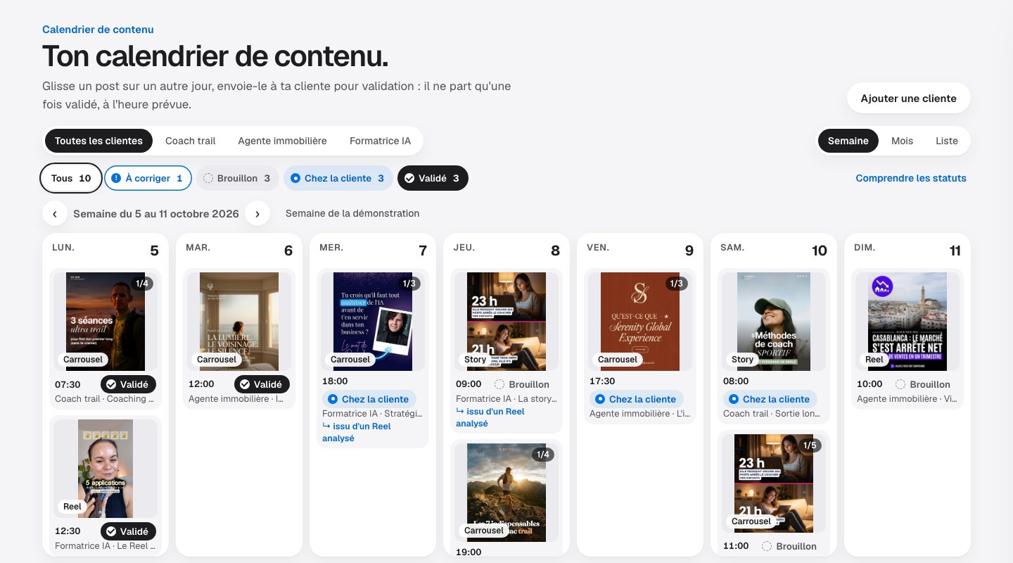 Le Calendrier : la semaine de posts, chacun avec son heure et son état