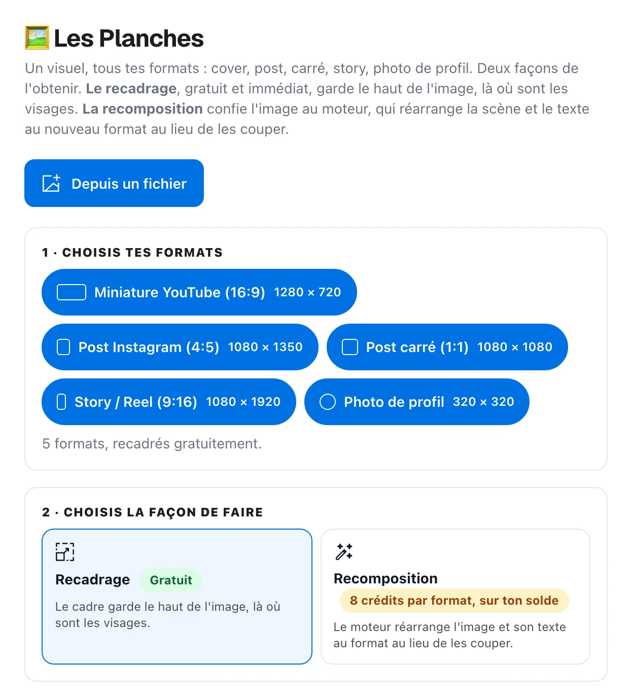 L'écran Planches de ton espace : le bouton Depuis un fichier, les cinq formats à cocher avec leurs dimensions, puis le choix entre Recadrage (gratuit) et Recomposition (8 crédits par format, sur ton solde)
