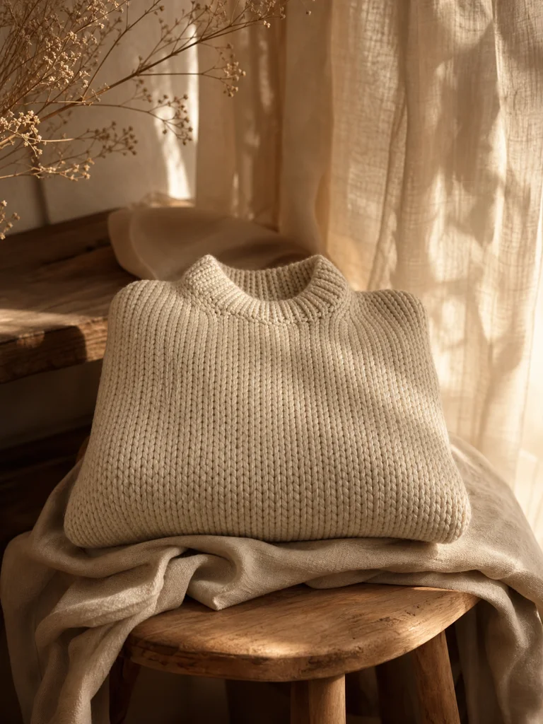 Ton pull tricoté main photographié dans cette ambiance
