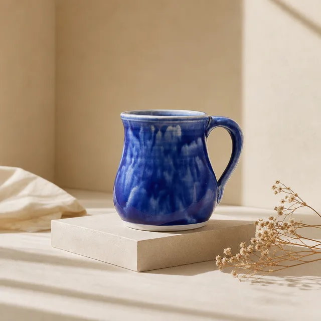 La même tasse posée sur un socle clair, lumière douce
