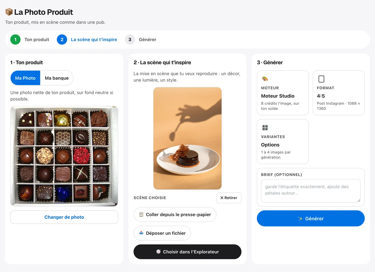 L'écran La Photo Produit du Studio : à gauche la boîte de chocolats, au milieu le décor choisi, à droite le moteur à 8 crédits l'image, le format 4:5, les variantes, le brief facultatif et le bouton Générer