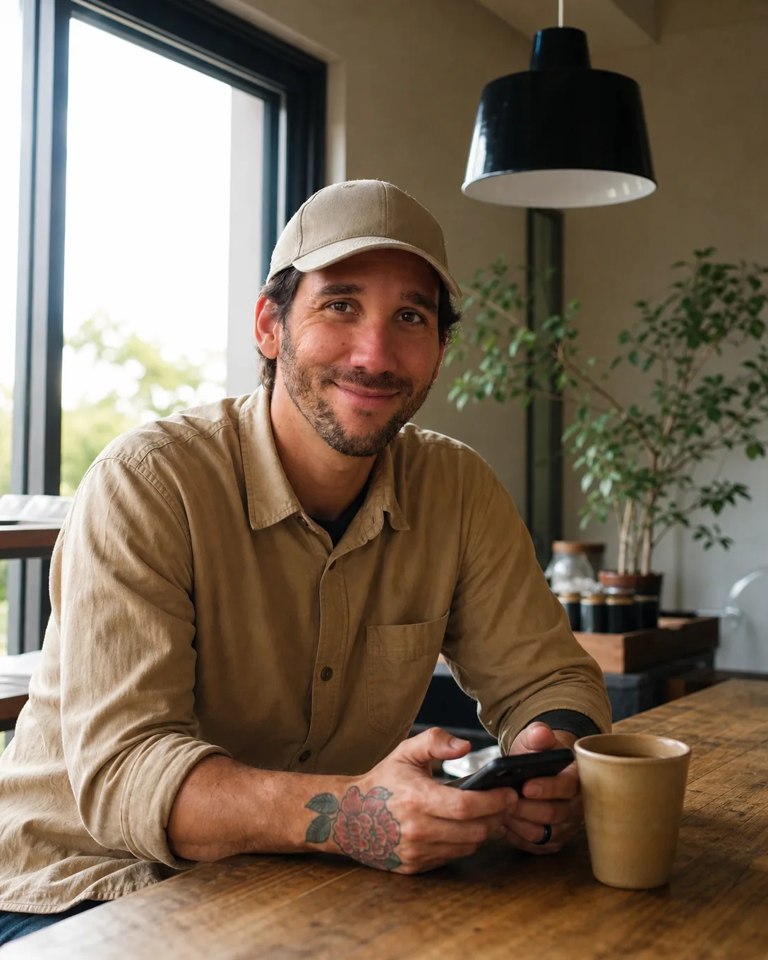 Ismael assis à la table d'un café, casquette beige, surchemise kaki, téléphone en main, une tasse à côté ; la rose tatouée sur sa main droite est visible