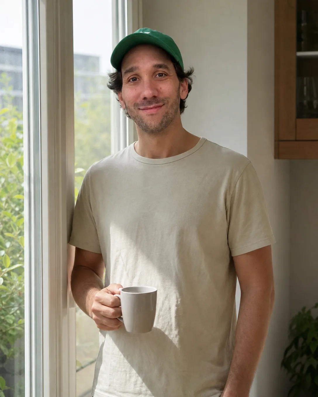 Ismael debout contre une porte-fenêtre, t-shirt clair, casquette verte, une tasse à la main, lumière du matin