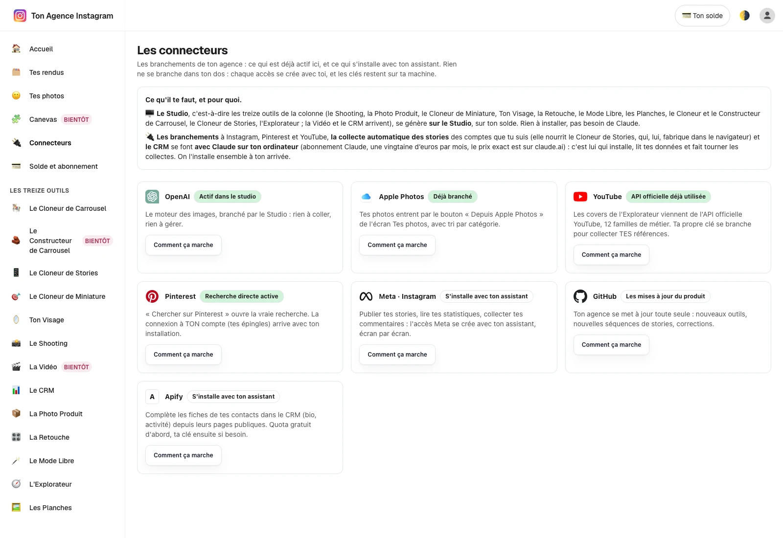Les connecteurs du Studio : Instagram, YouTube, Pinterest