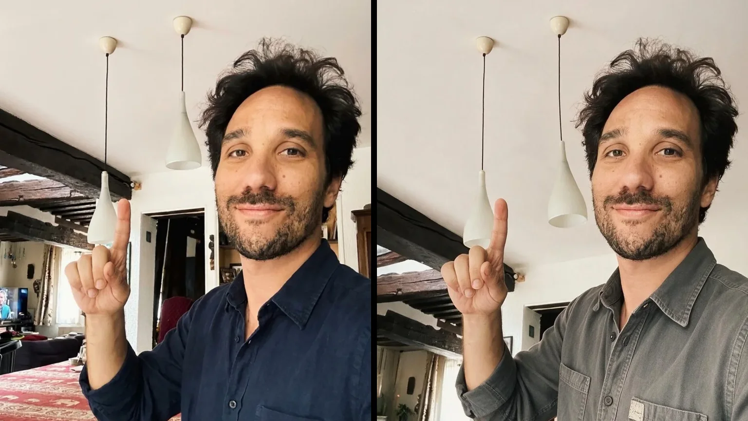 Ton Visage : à gauche la photo prise au téléphone, à droite la même photo retouchée, autre chemise